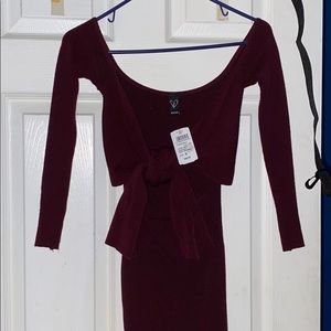 Long sleeve burgundy front-tie sweater dress